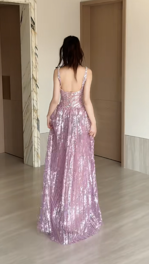 Gorgeous Square Neck A-Line Sequins Long Prom Dresses Sweet Birthday Evening Gowns ED02953