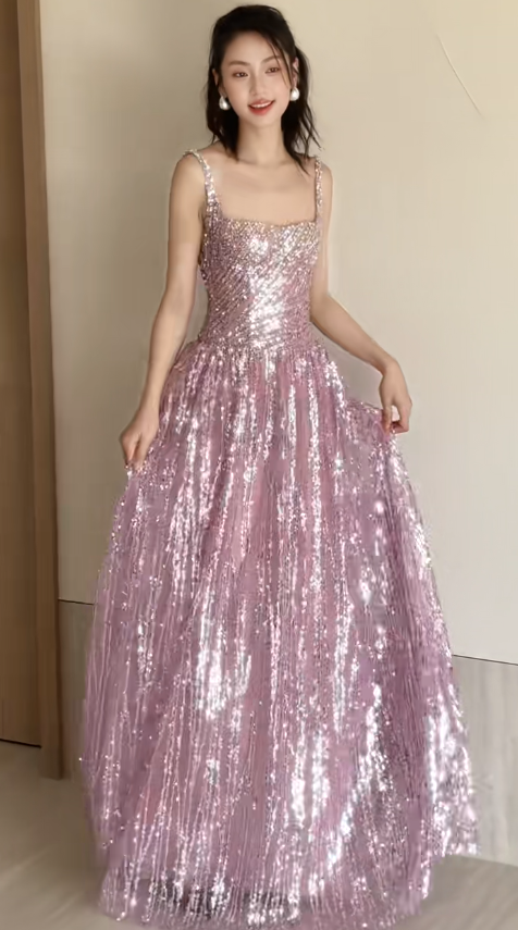 Gorgeous Square Neck A-Line Sequins Long Prom Dresses Sweet Birthday Evening Gowns ED02953