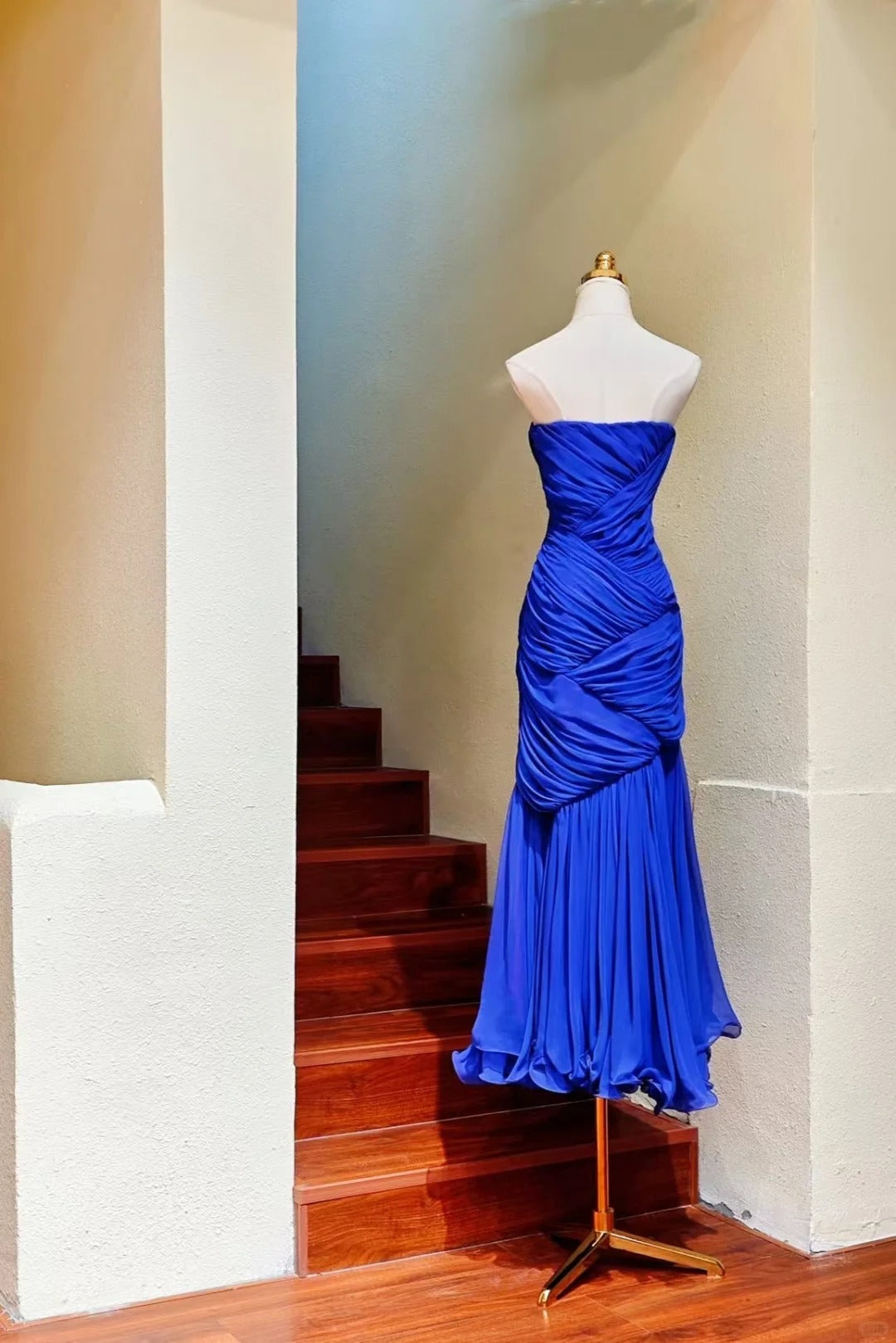 Fashion Klein Blue Strapless Mermaid Chiffon Long Prom Dresses Unique Birthday Evening Gowns ED02966