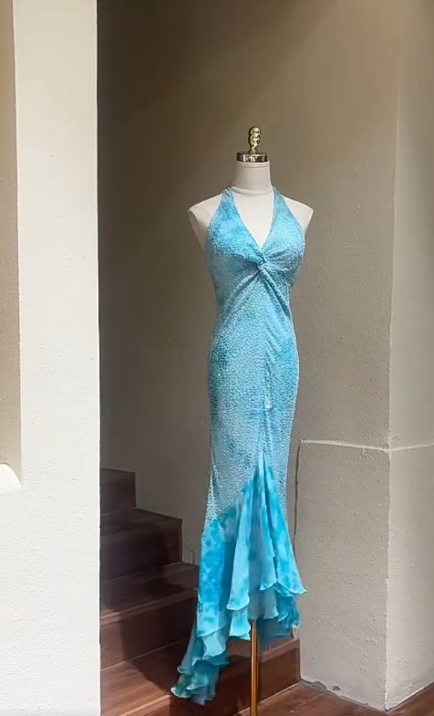 Vintage Blue V Neck Mermaid Chiffon Beaded Prom Dresses Elegant Wedding Guest Dress ED02967