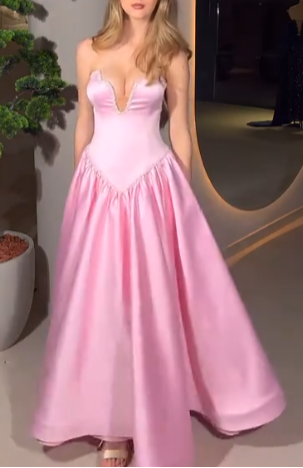 Classic Pink Strapless A-Line Satin Long Prom Dresses Formal Evening Gowns ED02969