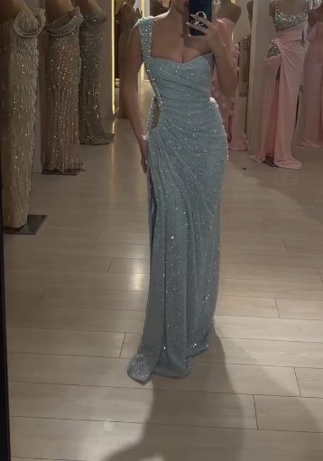 Elegant Light Blue Square Neck Sheath Beading Long Prom Dresses Fashion Formal Evening Gowns with Slits ED02980