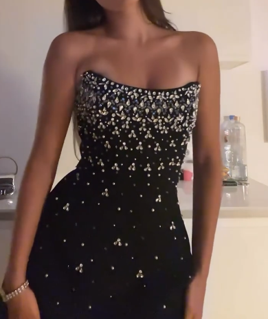 Stunning Black Strapless Sheath Satin Beaded Short Party Dresses Fashionable Homecoming Dress ED02985