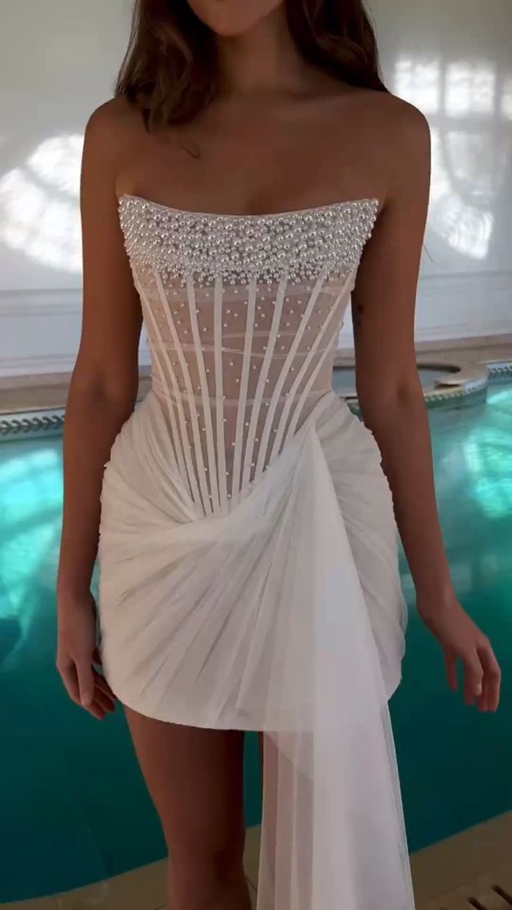 Elegant White Strapless Sheath Tulle Beaded Short Evening Gowns Fashion Homecoming Dress ED02996