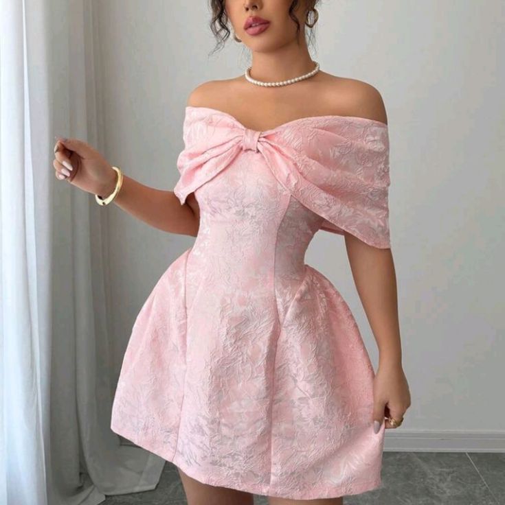 Sweet Pink Off-the-shoulder A-Line Jacquard Satin Short Evening Gowns Party Dresses ED02999