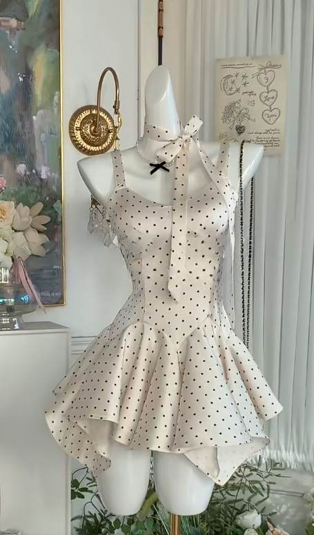 Fashion Light Champagne Spaghetti Straps A-Line Satin Short Prom Dresses Birthday Party Dresses with Polka Dots ED03004