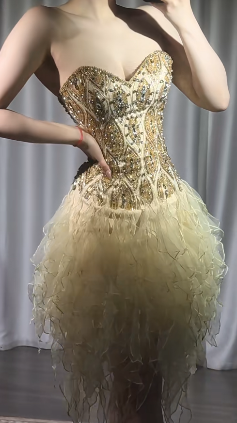 Vintage Gold Strapless A-Line Beaded Tulle Short Prom Dresses Gorgeous Homecoming Dresses ED03008