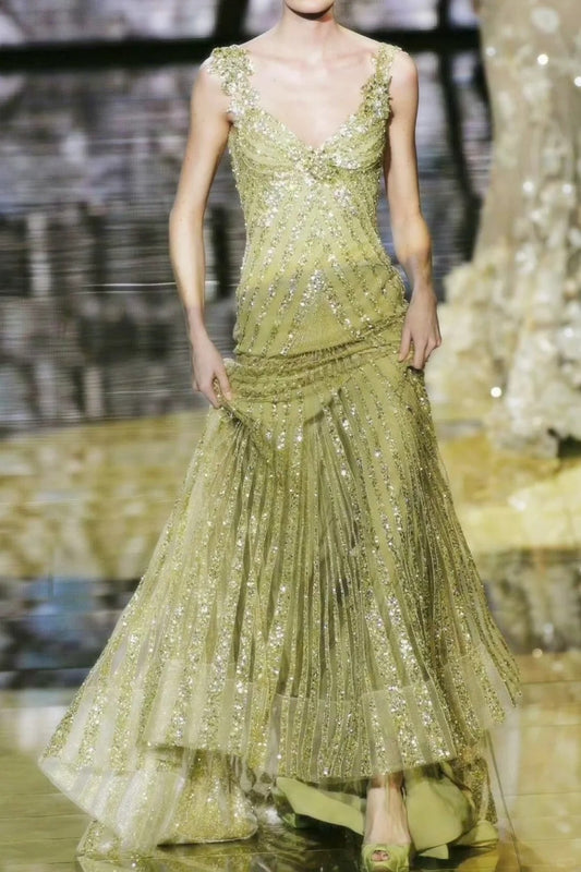 Gorgeous Green V-neck A-Line Tulle Sequins Long Prom Dresses Formal Evening Gowns with Beading ED03028
