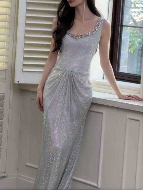Gorgeous Silver Boat Neck Mermaid Glitter Satin Long Prom Dresses Formal Evening Gowns ED03048