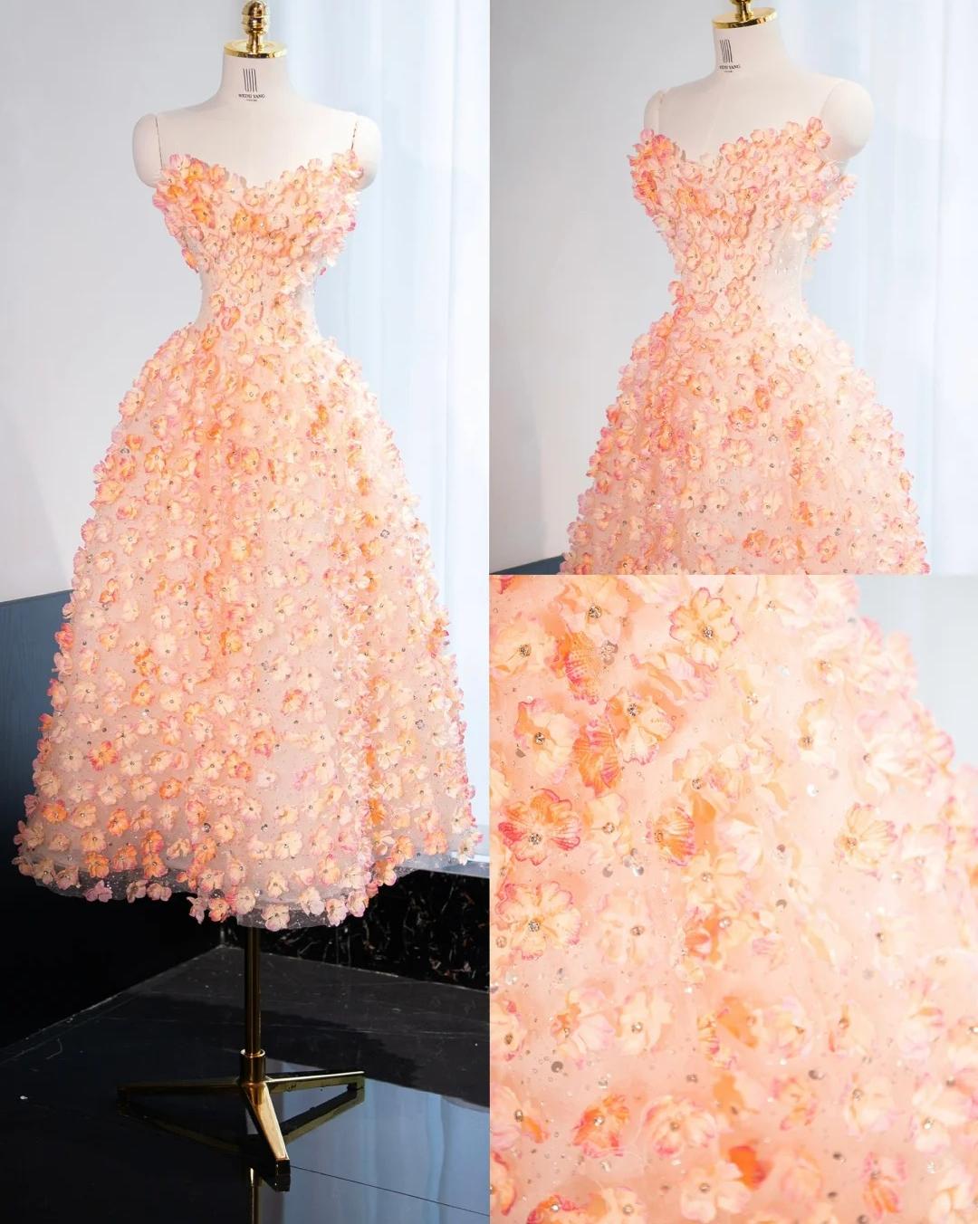 Orange Sweetheart A-Line Tulle Stunning Prom Dresses with 3D Appliques Sweet 16 Dress ED03061