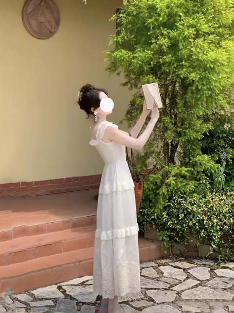 A-line heavy embroidery small flying sleeves square neck long dress cake skirt ED0307