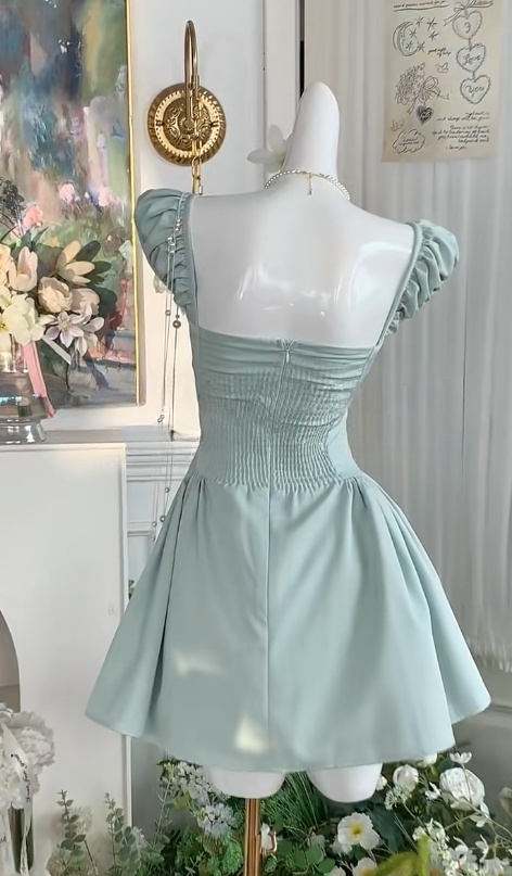 Elegant Mint Green Square Neck A-Line Satin Pleated Short Birthday Evening Dress Party Dress ED03089