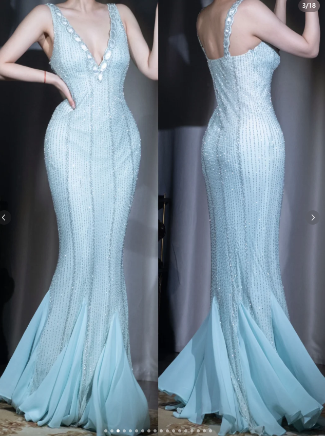 Vintage Blue V Neck Mermaid Evening Dress Elegant Beaded Chiffon Long Prom Dresses ED03103