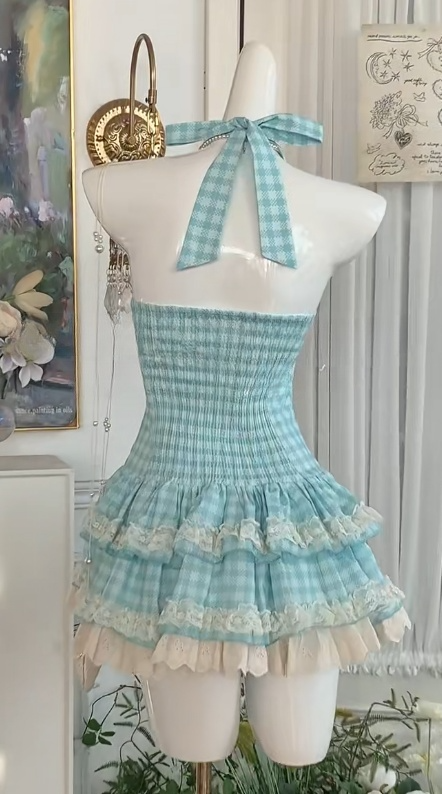 Y2K Blue Plaid Halter A-Line Short Dress Outdoor Party Outfit ED03114