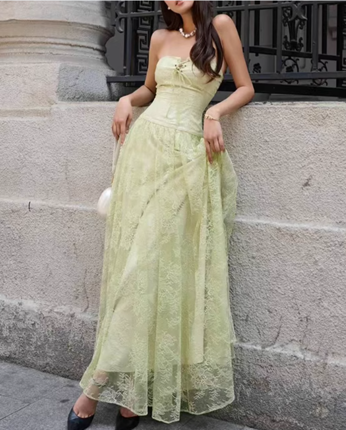 Gorgeous Green Strapless A-Line Tulle Lace Long Evening Gown Birthday Party Dress ED03119