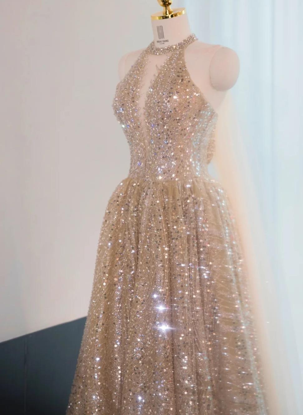 Glitter Elephant V-neck A-Line Tulle Sequins Beaded Long Prom Dresses Formal Evening Gowns ED03122