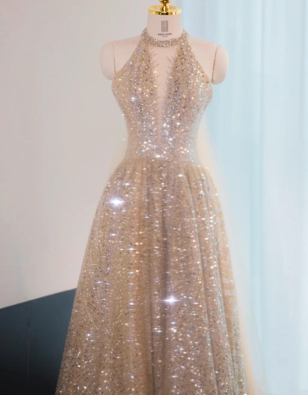 Glitter Elephant V-neck A-Line Tulle Sequins Beaded Long Prom Dresses Formal Evening Gowns ED03122