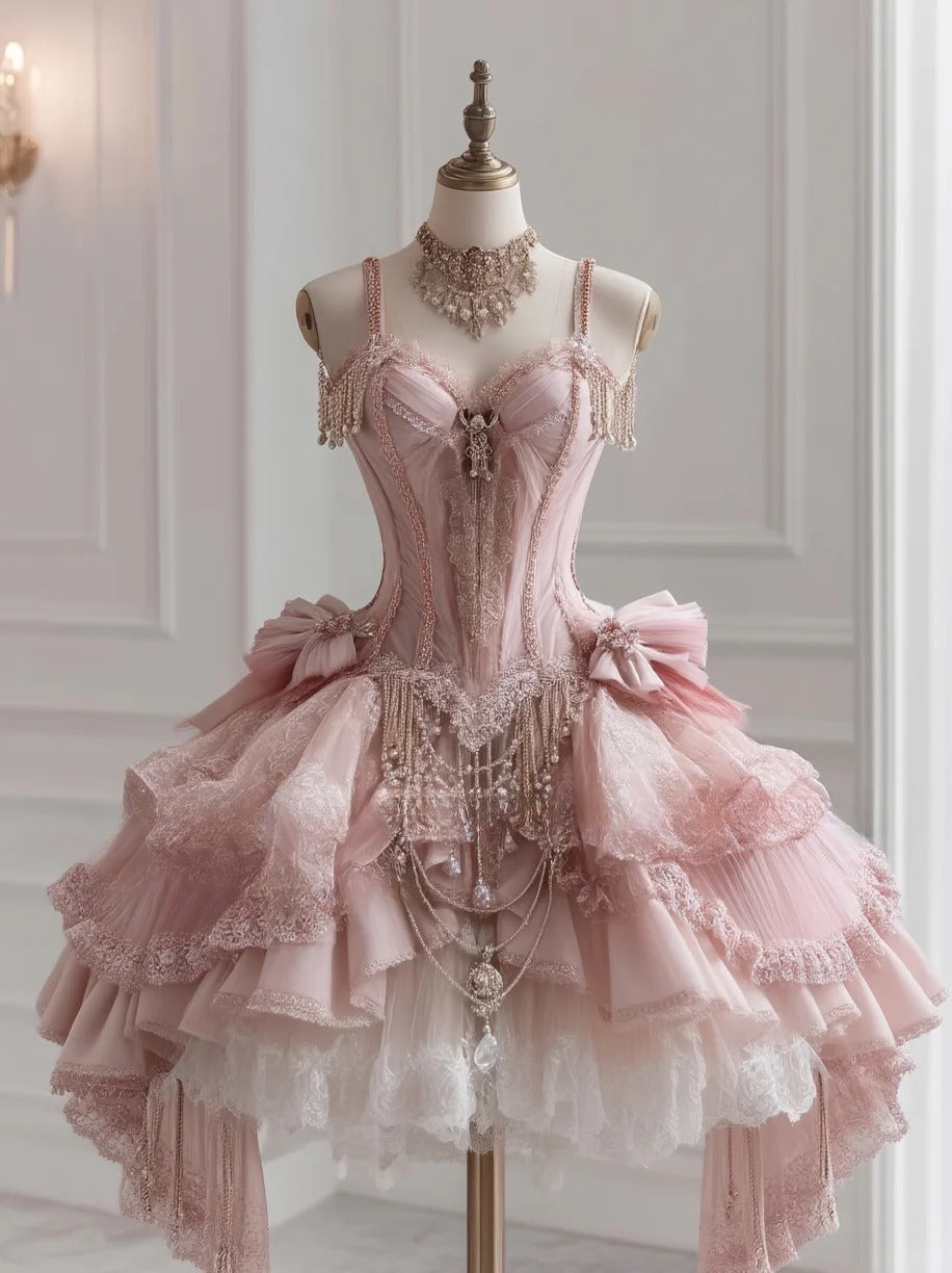 Stunning Pink Spaghetti Straps A-Line Lolita Tulle Lace Prom Dresses with Beading ED03124