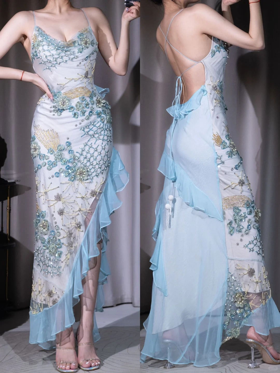 Glamour Blue V Neck Sheath Tulle Beaded Long Prom Dresses Retro Backless Evening Dress ED03140