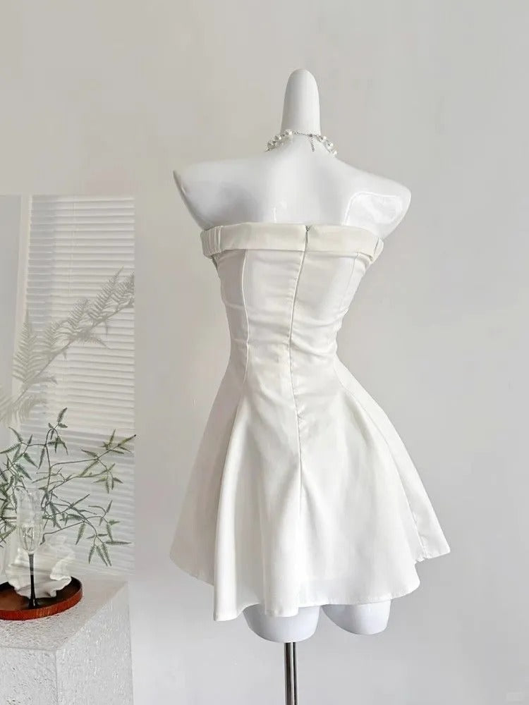 Glamour White Strapless A-Line Short Birthday Dress Elegant Party Dress ED03154