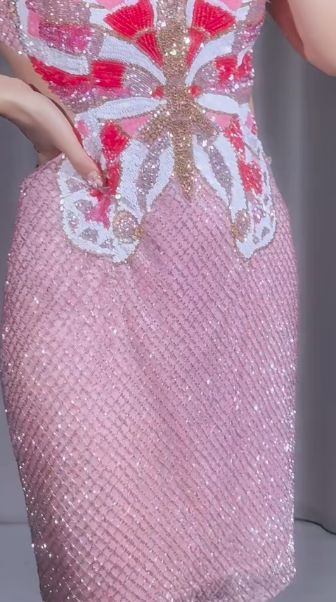 Elegant Pink Spaghetti Straps Sheath Beaded Short Prom Dresses Retro Evening Dress ED03157