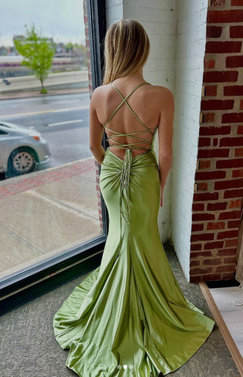 Elegant Green V Neck Mermaid Satin Long Prom Dresses Formal Evening Dress with Slits ED03164