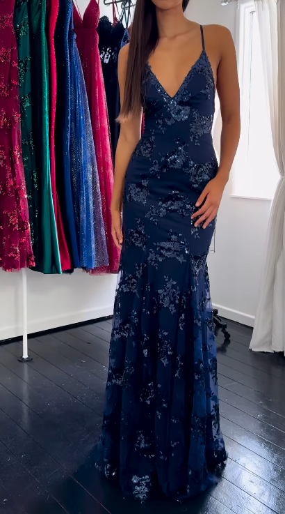 Glamour Navy Blue V-neck Mermaid Tulle Sequin Long Prom Dresses Elegant Backless Evening Gowns ED03165