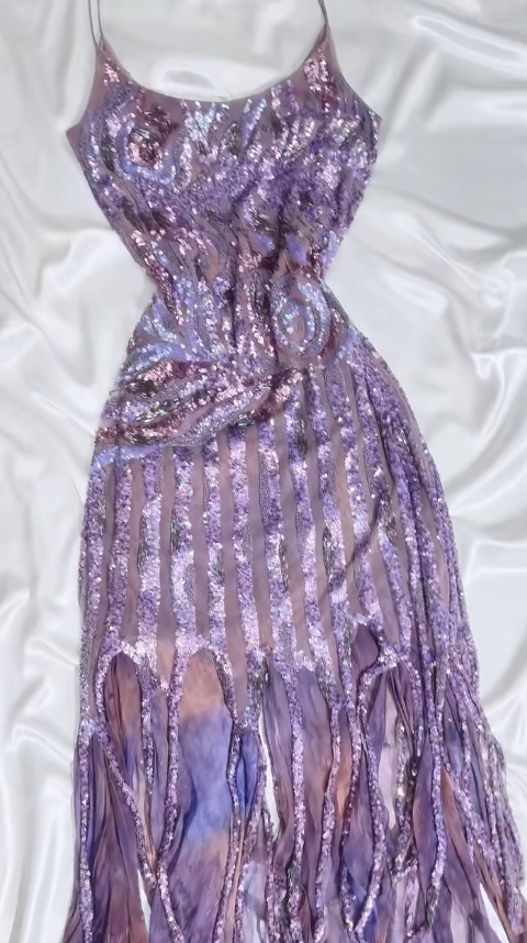 Retro Purple Spaghetti Straps Sheath Sequin Chiffon Long Stunning Prom Dresses with Tassels & Beading ED03170