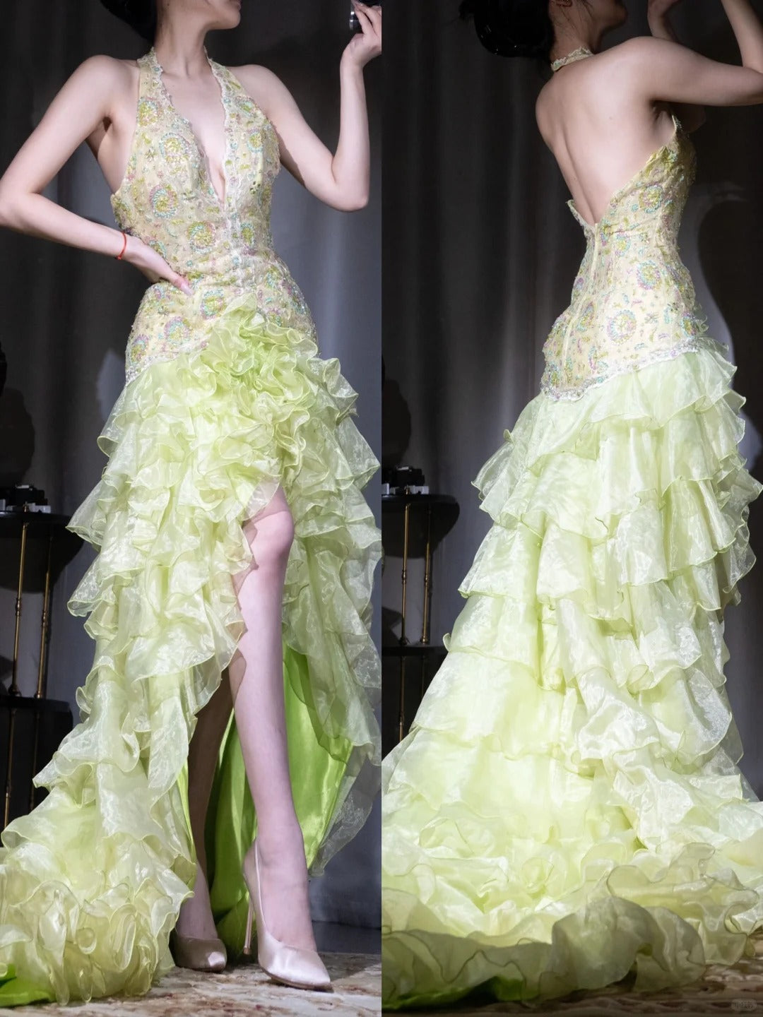 Fairytale Green Halter NecHi-Lok Tulle Beaded Long Prom Dresses with Open Back ED03174
