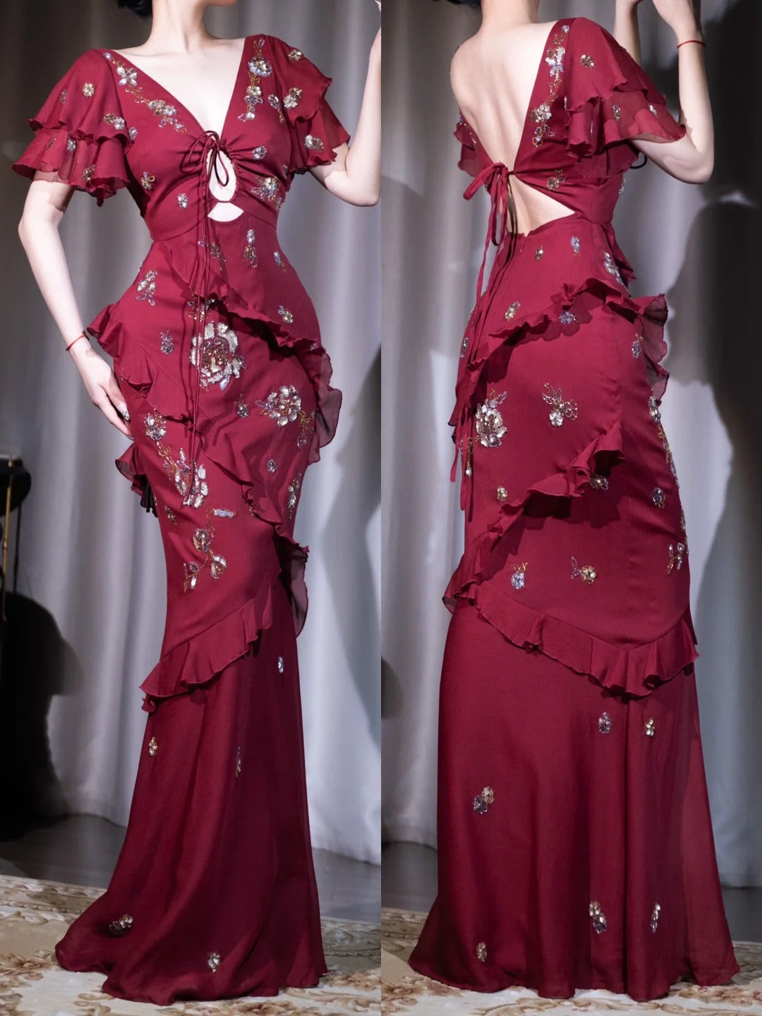 Stunning Deep Red V Neck Mermaid Beaded Chiffon Long Prom Dresses Elegant Evening Gowns ED03175
