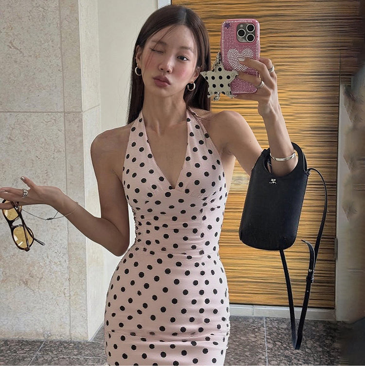 Fashion Pink Dot Halter Neck Bodycon Short Party Dress Birthday Dress ED03178