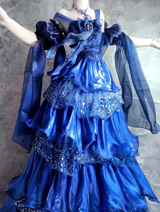 Fairytale Blue Spaghetti Straps A-Line Satin Sequin Long Prom Dresses Gorgeous Birthday Evening Gowns ED03186