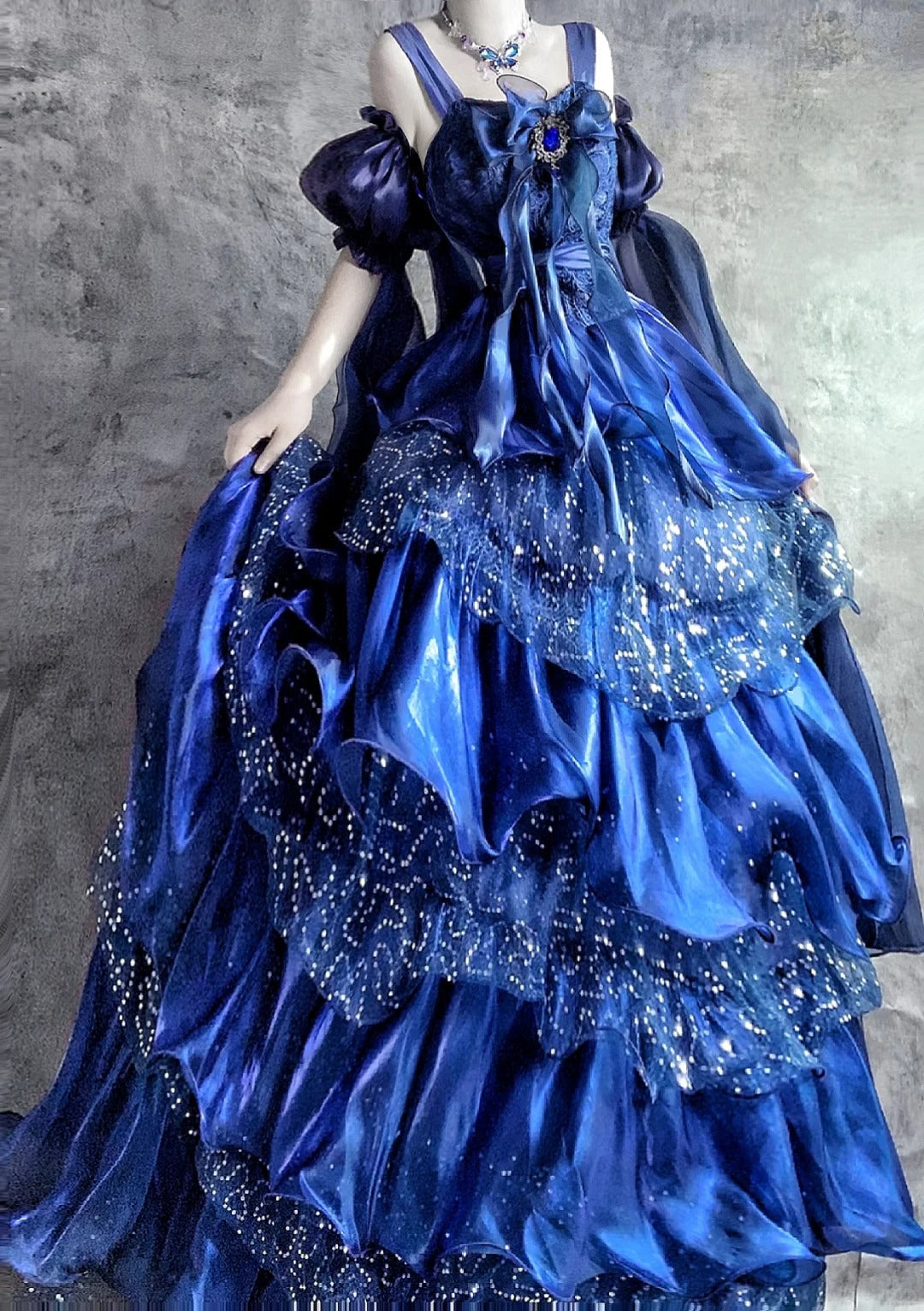 Fairytale Blue Spaghetti Straps A-Line Satin Sequin Long Prom Dresses Gorgeous Birthday Evening Gowns ED03186