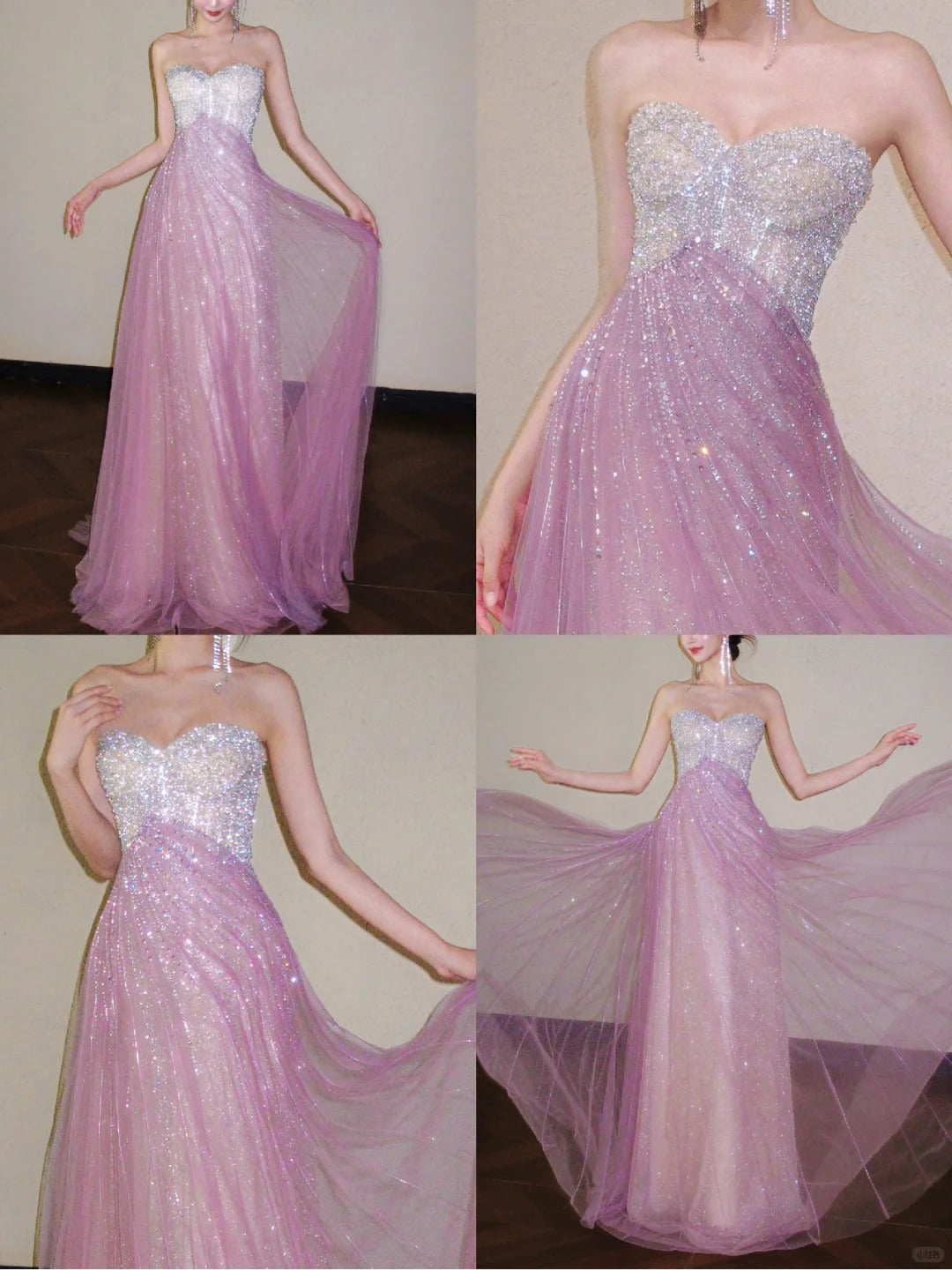 Sweet Pink Sweetheart A-Line Tulle Sequins Long Prom Dresses Elegant Formal Evening Gowns ED03190