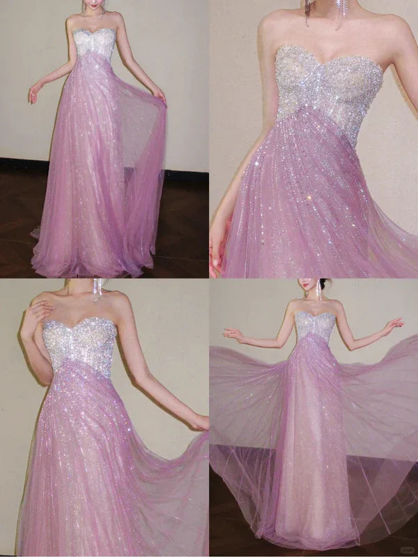 Shiny A Line Sweetheart Neck Beaded Pink Tulle Prom Dress Evening Dress Formal Dress SH3775