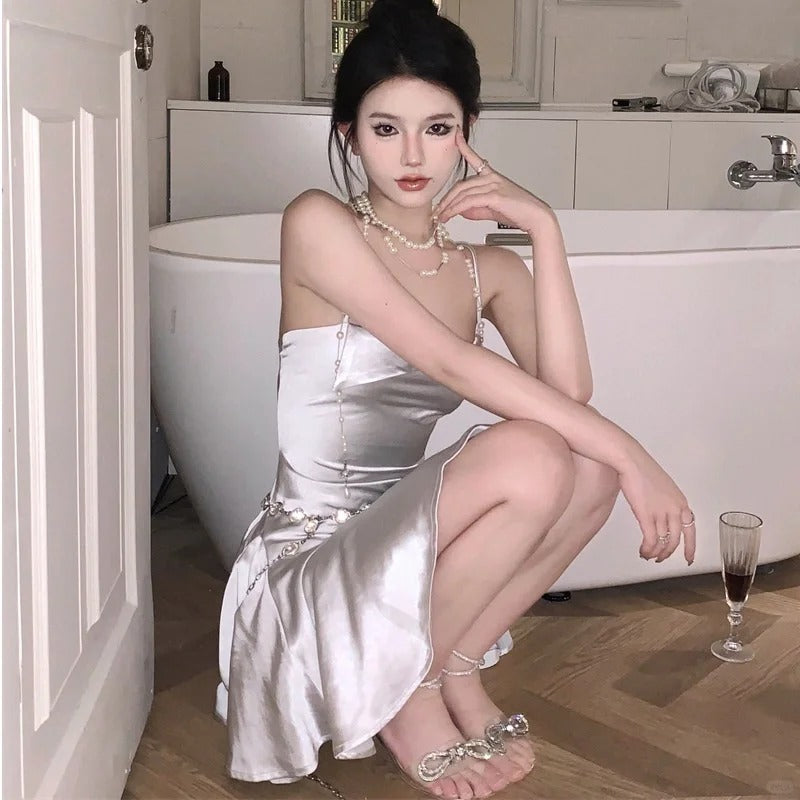 Fashion Silver Spaghetti Straps A-Line Satin Short Party Dress ED03195