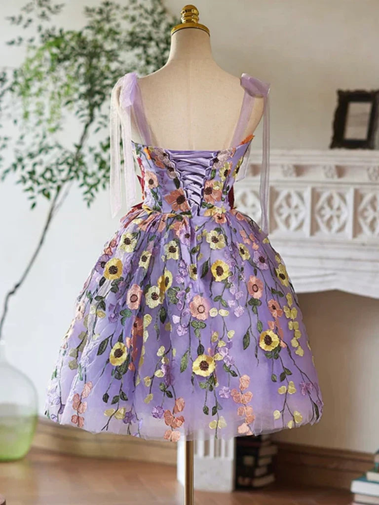 Purple Tulle Lace Short Prom Dress, Purple Homecoming Dress ED032