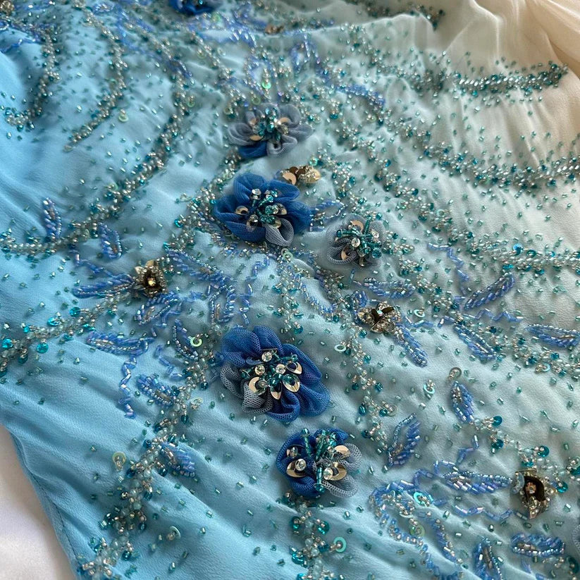 Elegant Gradient Blue Spaghetti Straps Sheath Chiffon Beading Prom Dresses Vintage Evening Gowns ED03204