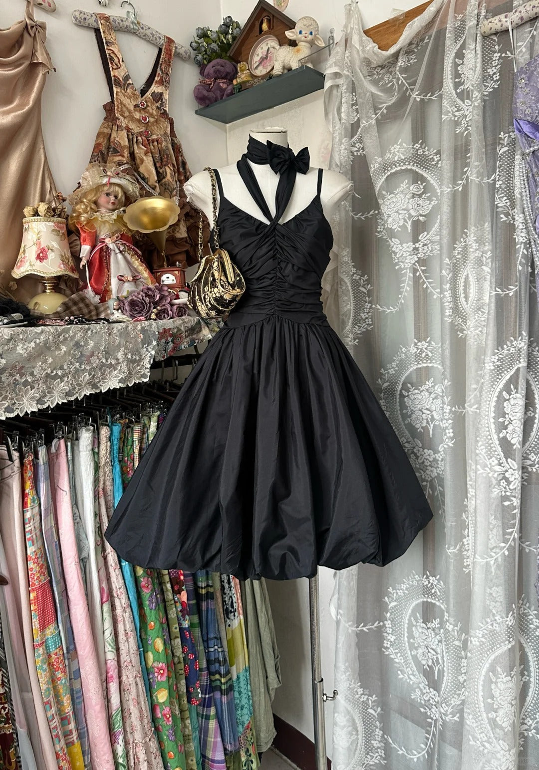 Elegant Black Spaghetti Straps A-Line Taffeta Short Prom Dresses Vintage Evening Gowns ED03212
