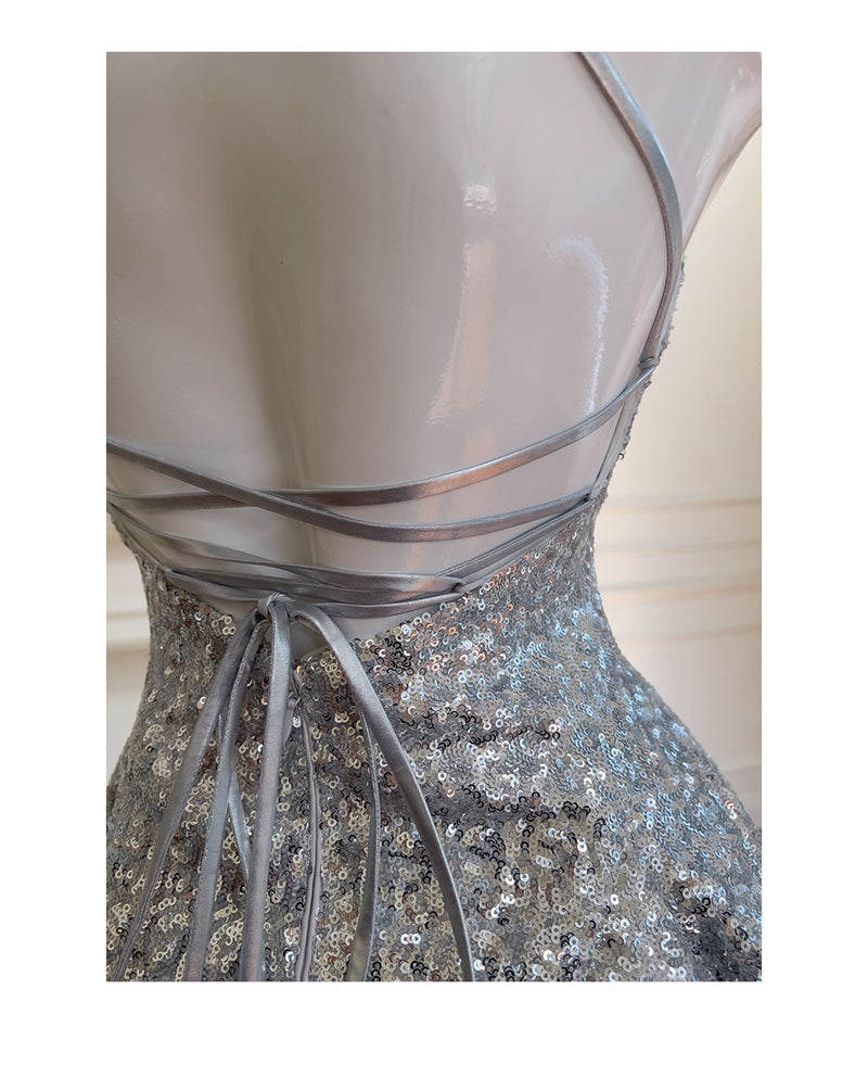 Glitter Silver Halter Neck A-Line Sequin Short Prom Dresses Formal Evening Gowns ED03214