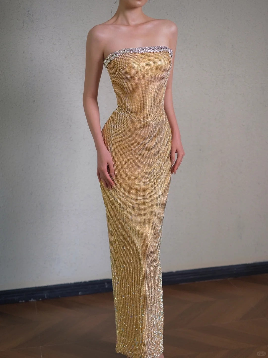 Gorgeous Gold Sheath Lace Sequin Long Prom Dresses, Fashion Strapless Formal Evening Gowns ED03216