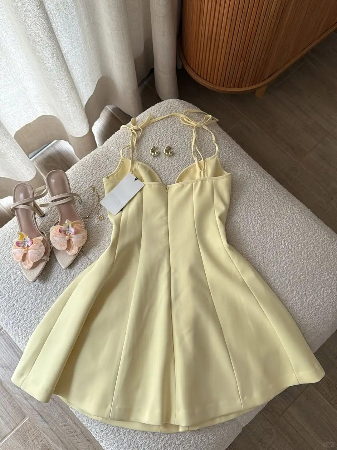 Sweet Butter Yellow Spaghetti Straps A-Line Satin Short Birthday Party Dress ED03249