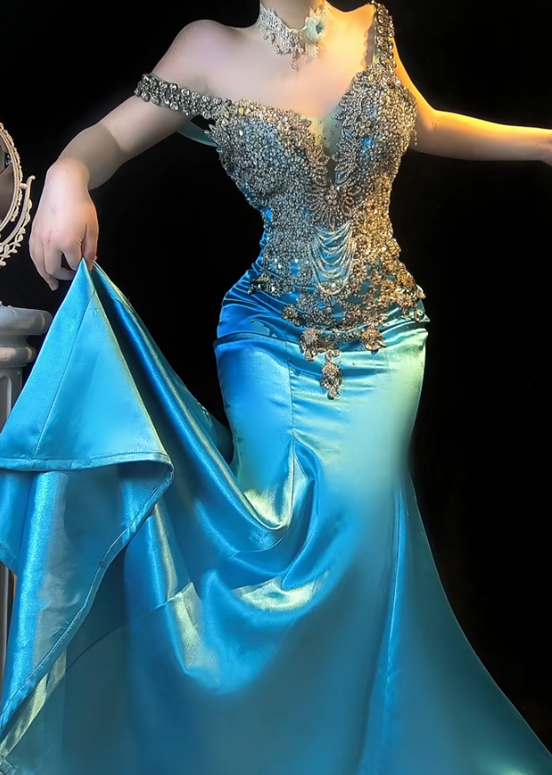 Stunning Blue Off Shoulder Mermaid Beaded Satin Long Prom Dresses Formal Evening Gowns ED03256