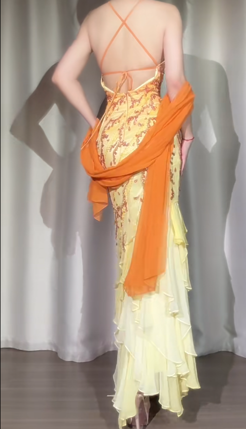 Yellow Mermaid Spaghetti Straps Chiffon Beading Long Prom Dresses Vintage Evening Dress with Open Back ED03260
