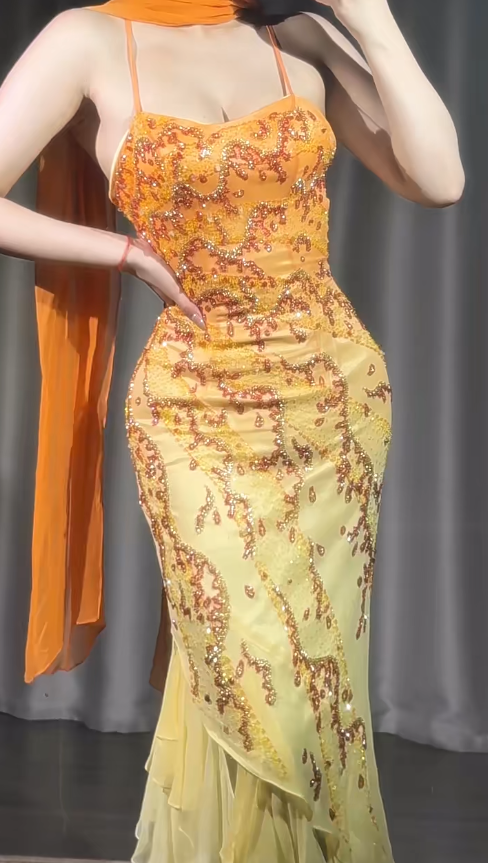Yellow Mermaid Spaghetti Straps Chiffon Beading Long Prom Dresses Vintage Evening Dress with Open Back ED03260