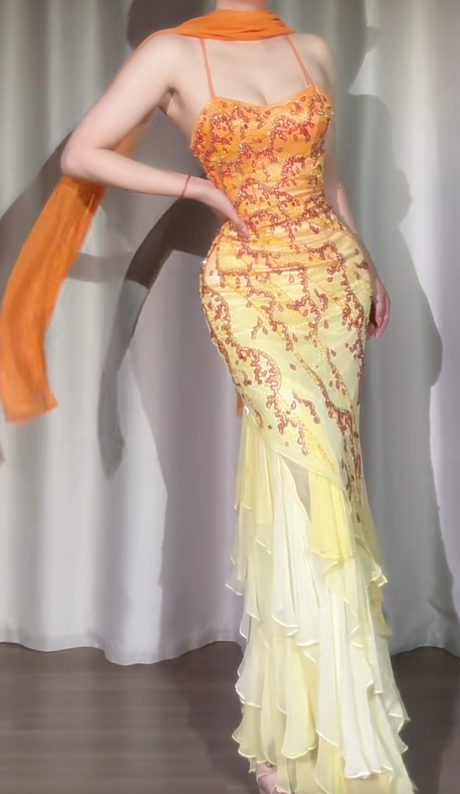 Yellow Mermaid Spaghetti Straps Chiffon Beading Long Prom Dresses Vintage Evening Dress with Open Back ED03260