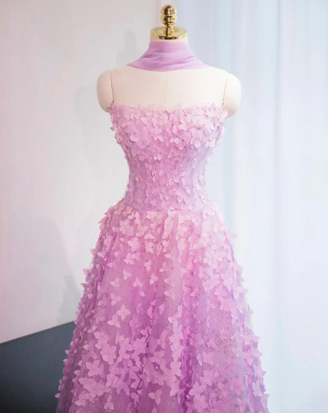 Sweet Lilac A-Line Tulle Strapless Long Prom Dresses Quinceanera Dresses with Appliques ED03288