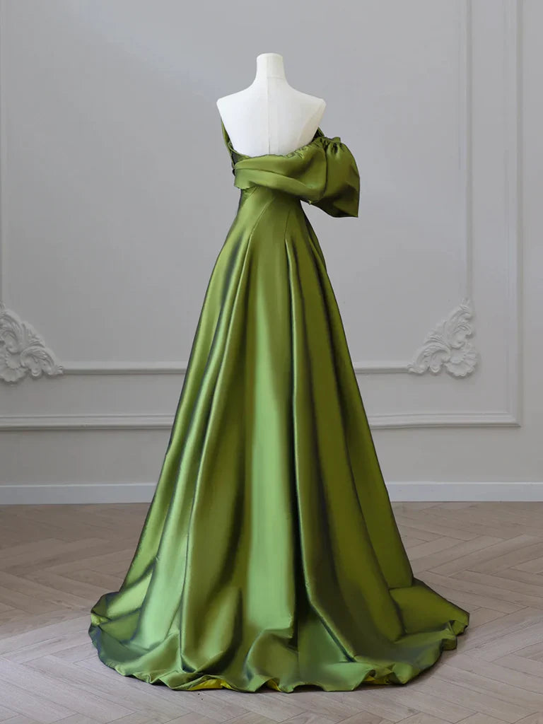 A- Line V Neck Satin Green Long Prom Dress, Green Long Formal Dress ED033