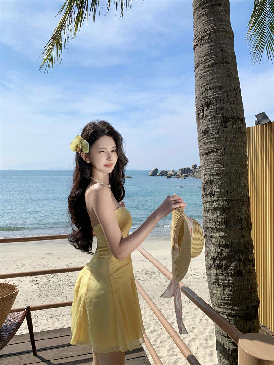 Chic Yellow A-Line Tulle Strapless Beach Holiday Short Dress ED03300