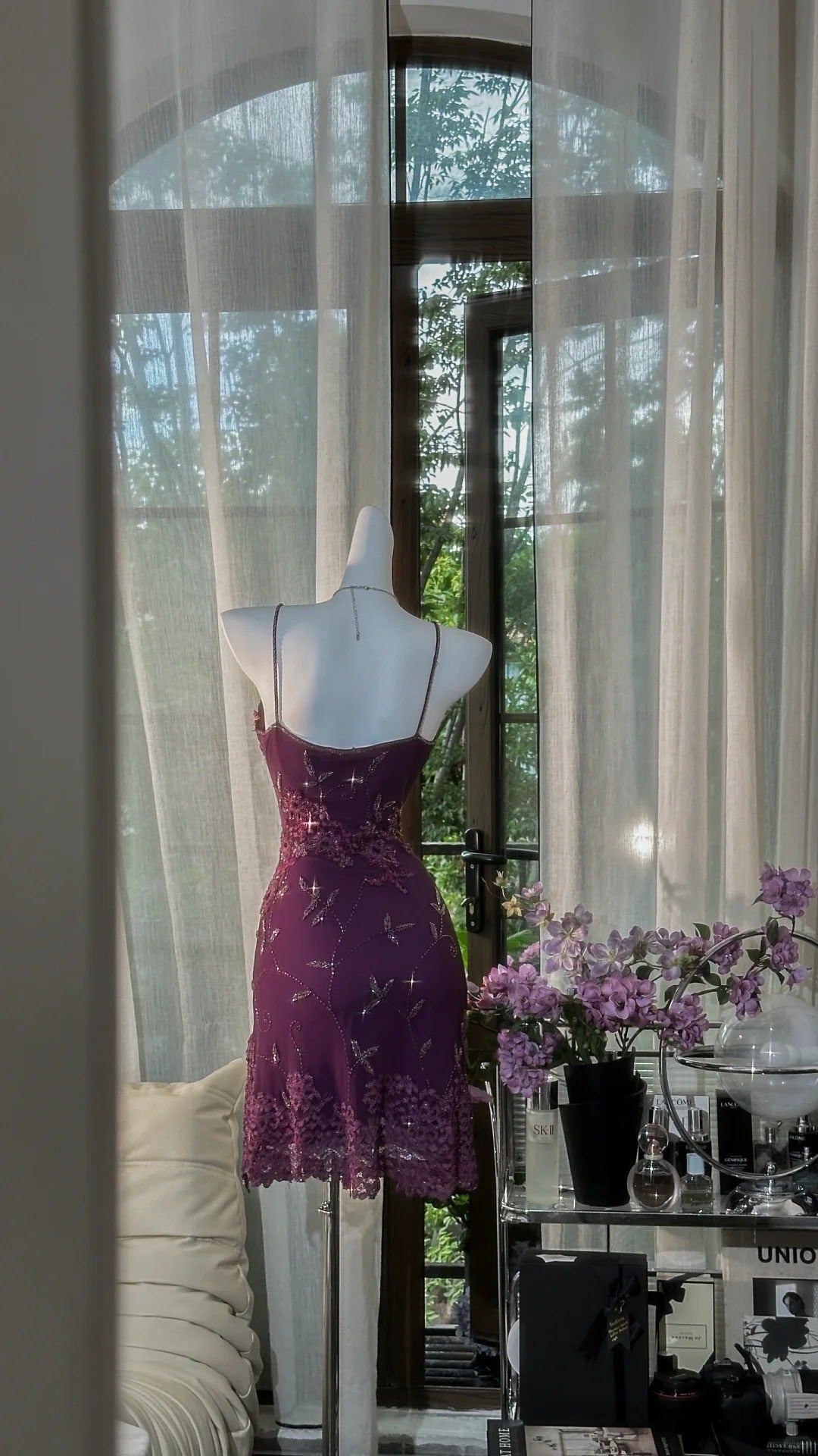Vintage Grape Purple Sheath Spaghetti Strap Chiffon Short Prom Dresses with Beading ED03311
